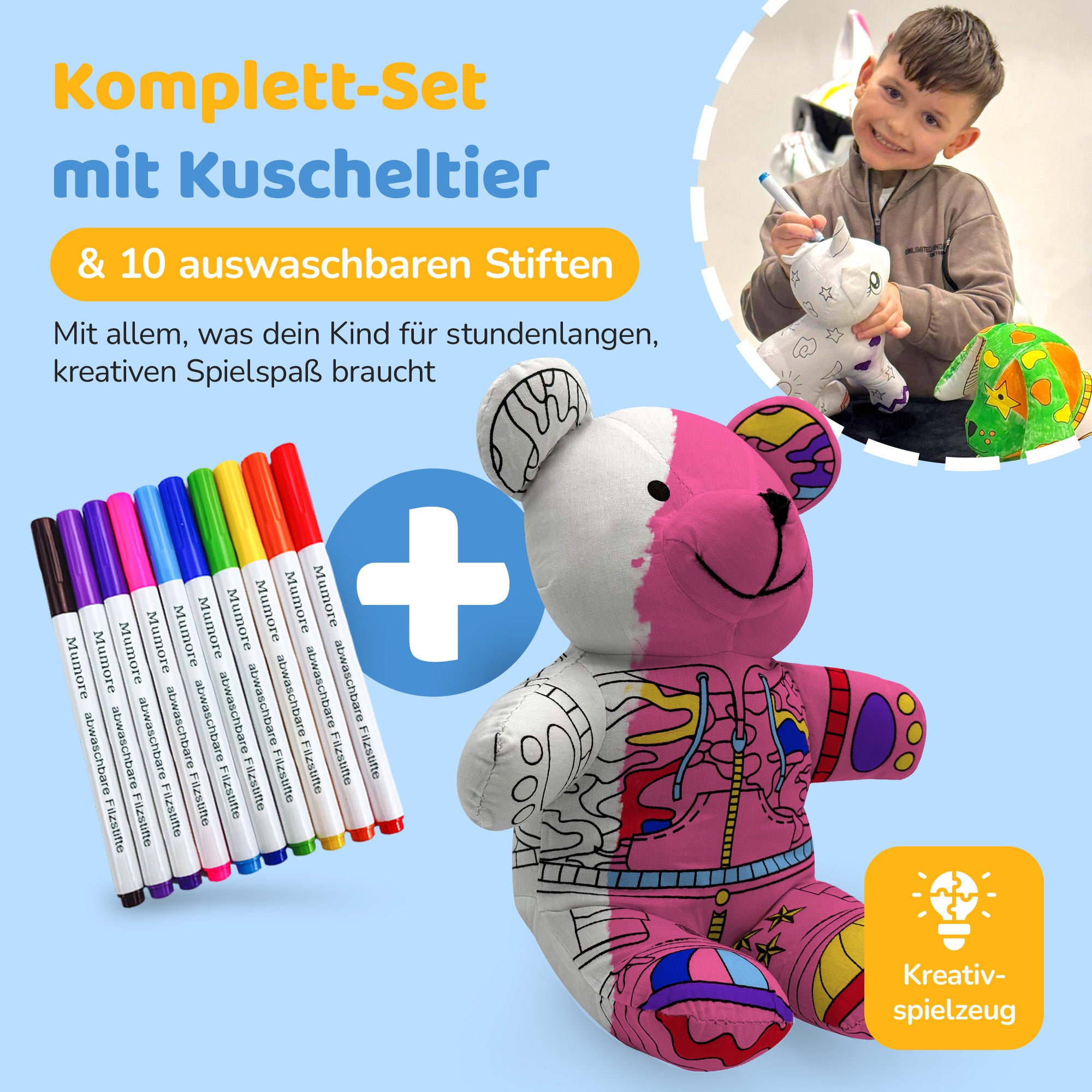Kuscheltier zum anmalen inkl. 10 auswaschbaren Filzstifte – Kreatives Malspielzeug für Kinder