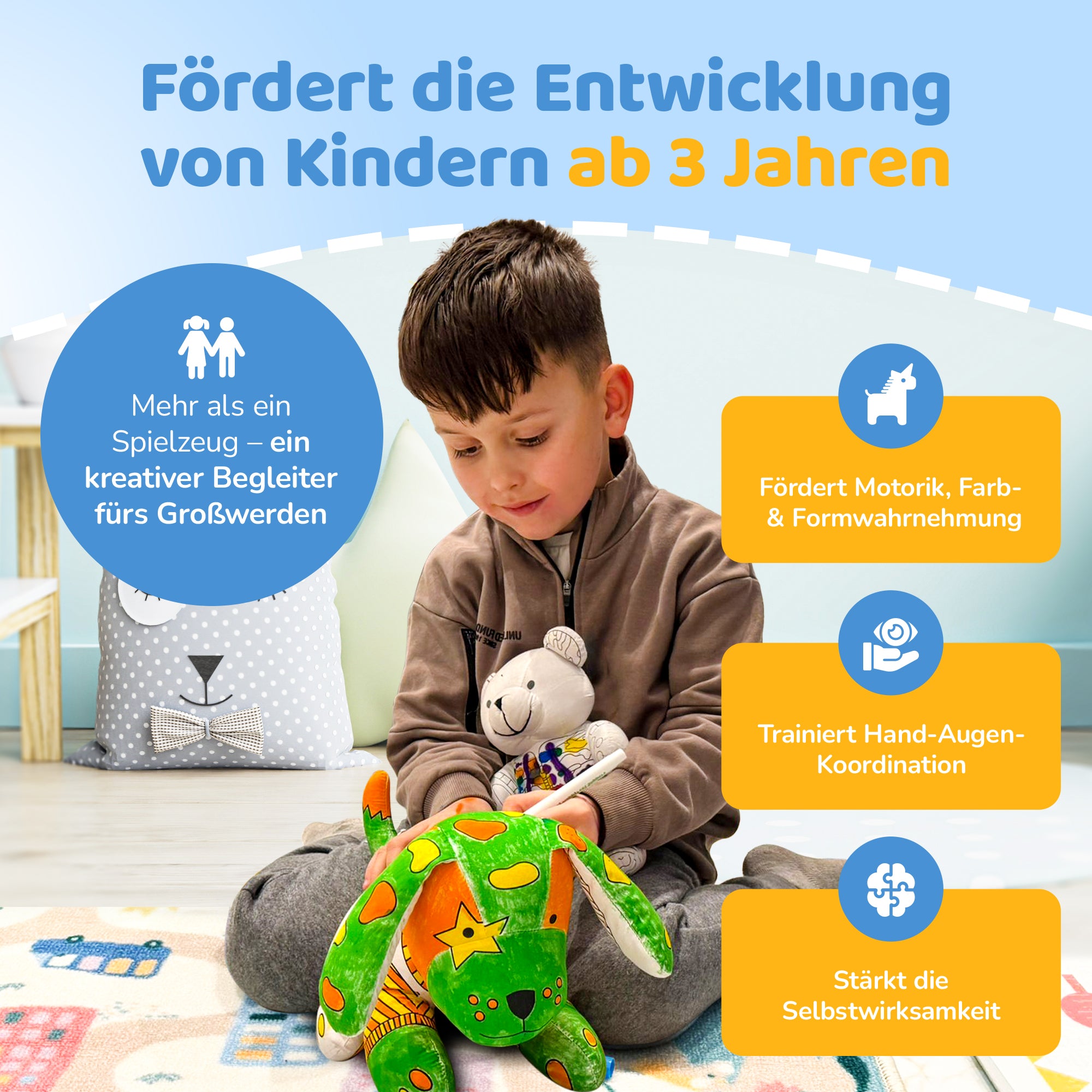 Kuscheltier zum anmalen inkl. 10 auswaschbaren Filzstifte – Kreatives Malspielzeug für Kinder