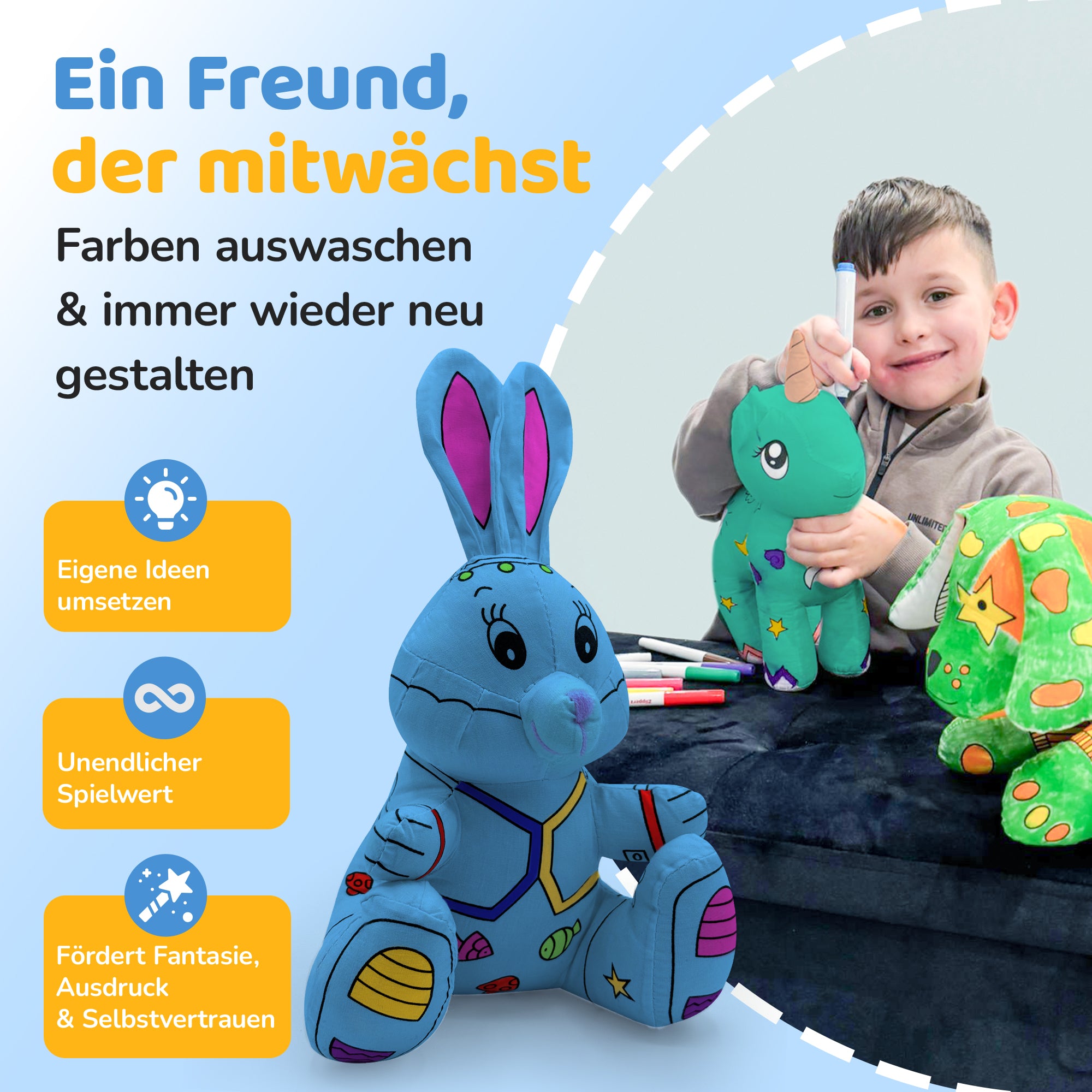 Kuscheltier zum anmalen inkl. 10 auswaschbaren Filzstifte – Kreatives Malspielzeug für Kinder
