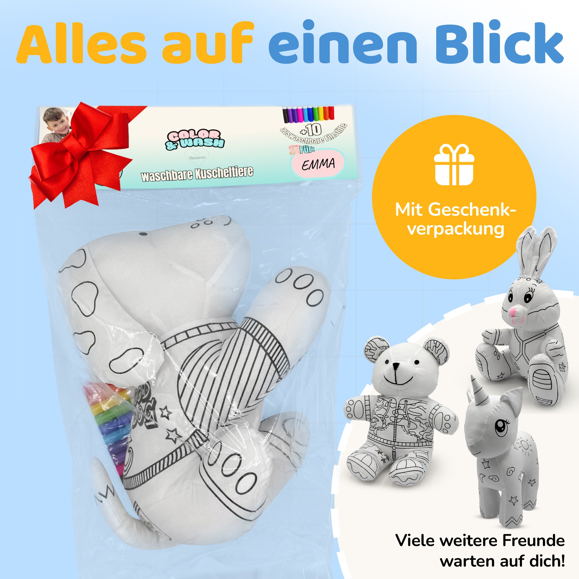 Kuscheltier zum anmalen inkl. 10 auswaschbaren Filzstifte – Kreatives Malspielzeug für Kinder