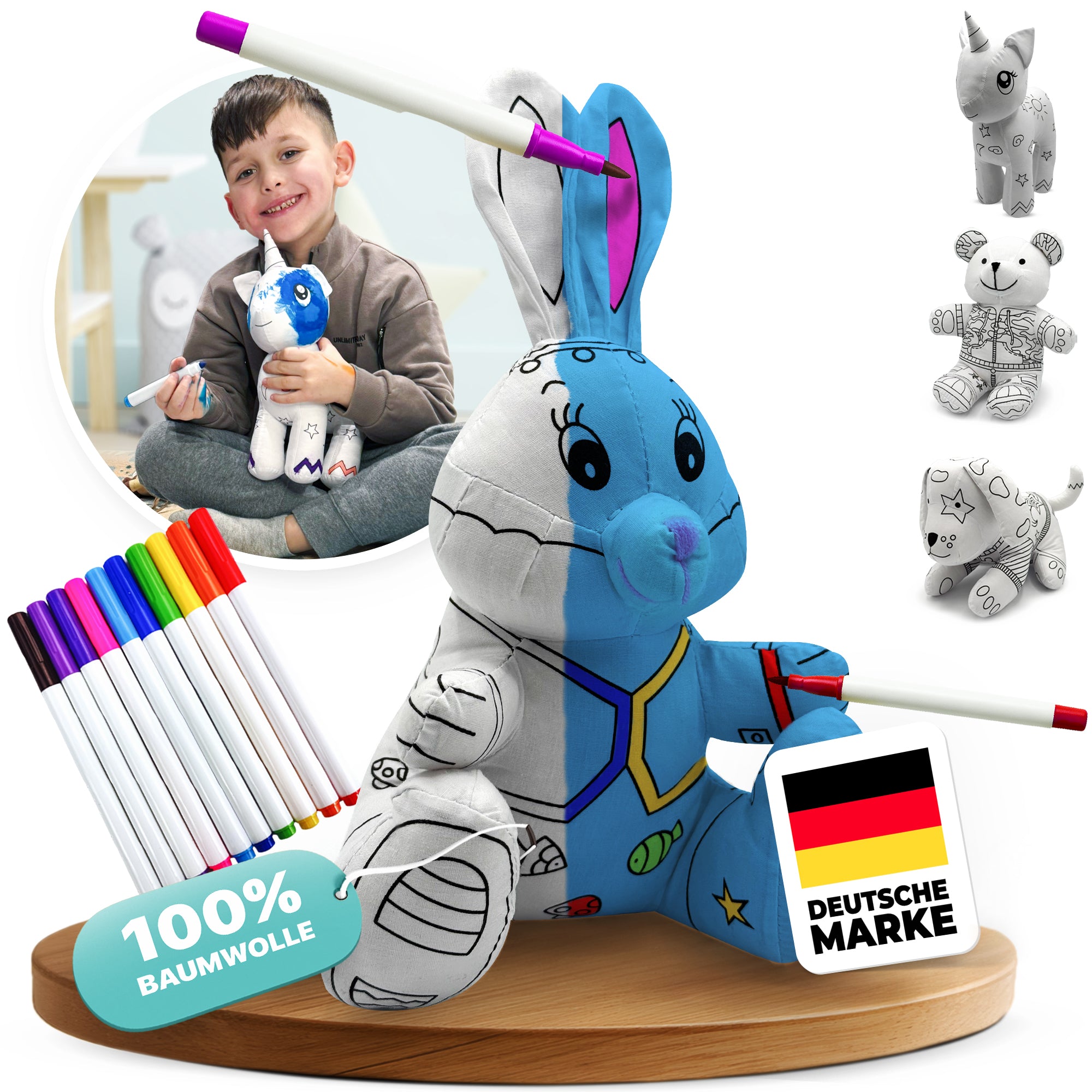 Kuscheltier zum anmalen inkl. 10 auswaschbaren Filzstifte – Kreatives Malspielzeug für Kinder