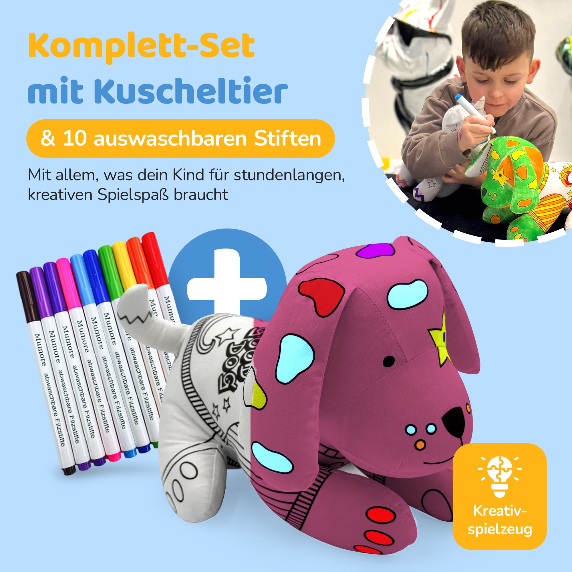 Kuscheltier zum anmalen inkl. 10 auswaschbaren Filzstifte – Kreatives Malspielzeug für Kinder