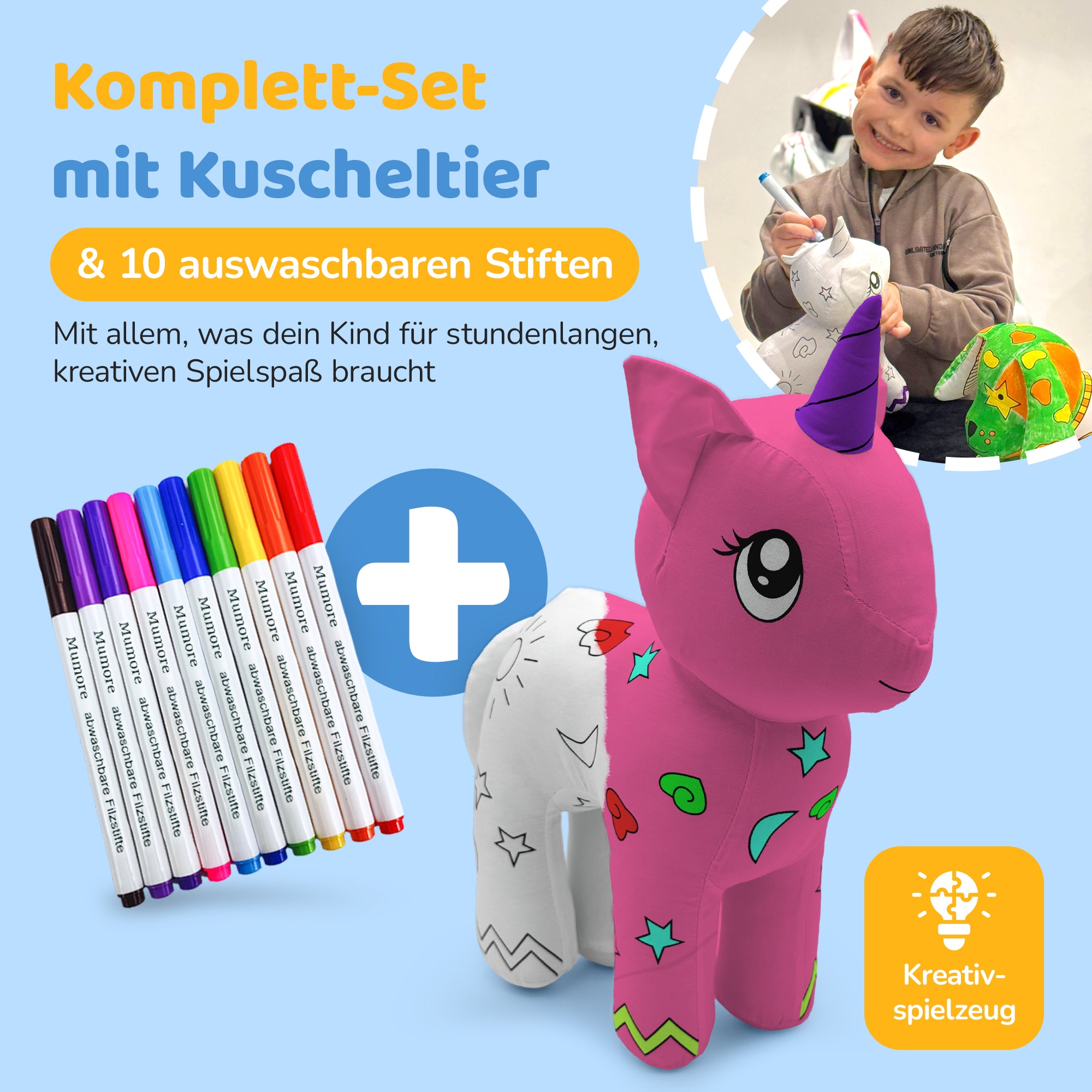 Kuscheltier zum anmalen inkl. 10 auswaschbaren Filzstifte – Kreatives Malspielzeug für Kinder