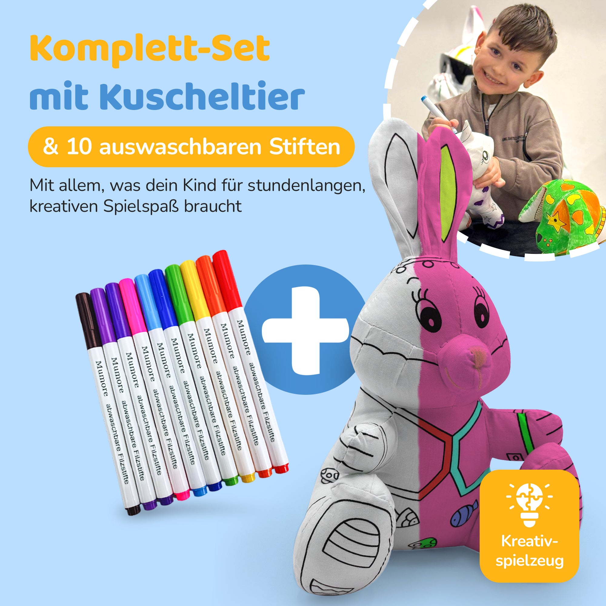 Kuscheltier zum anmalen inkl. 10 auswaschbaren Filzstifte – Kreatives Malspielzeug für Kinder