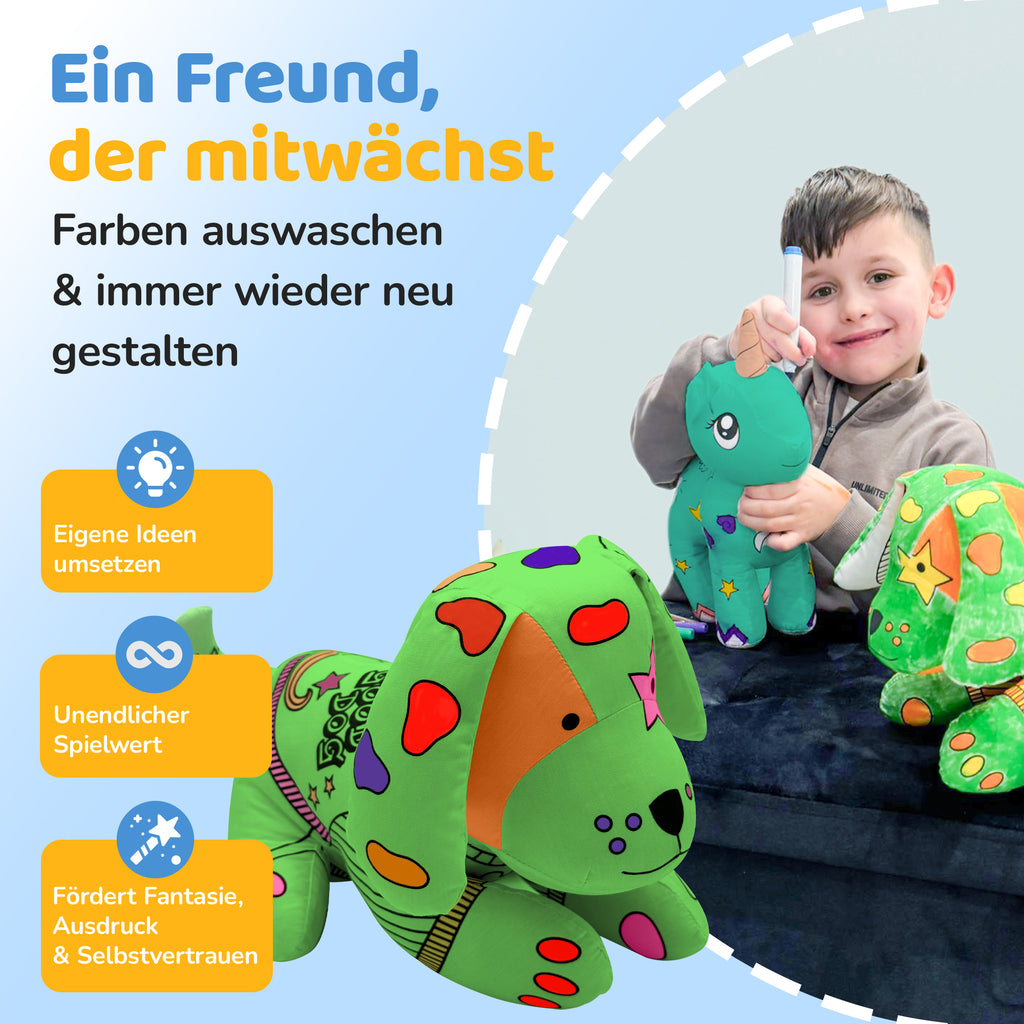 Kuscheltier zum anmalen inkl. 10 auswaschbaren Filzstifte – Kreatives Malspielzeug für Kinder