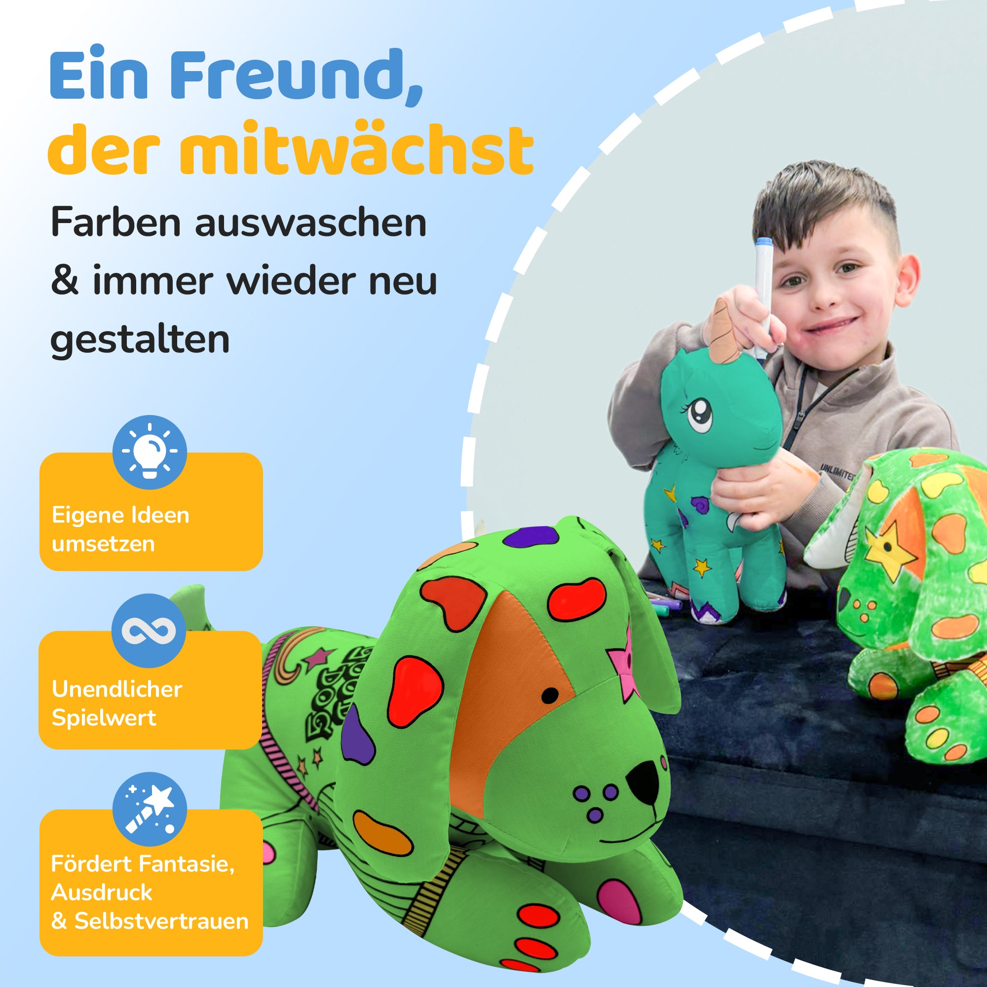 Kuscheltier zum anmalen inkl. 10 auswaschbaren Filzstifte – Kreatives Malspielzeug für Kinder