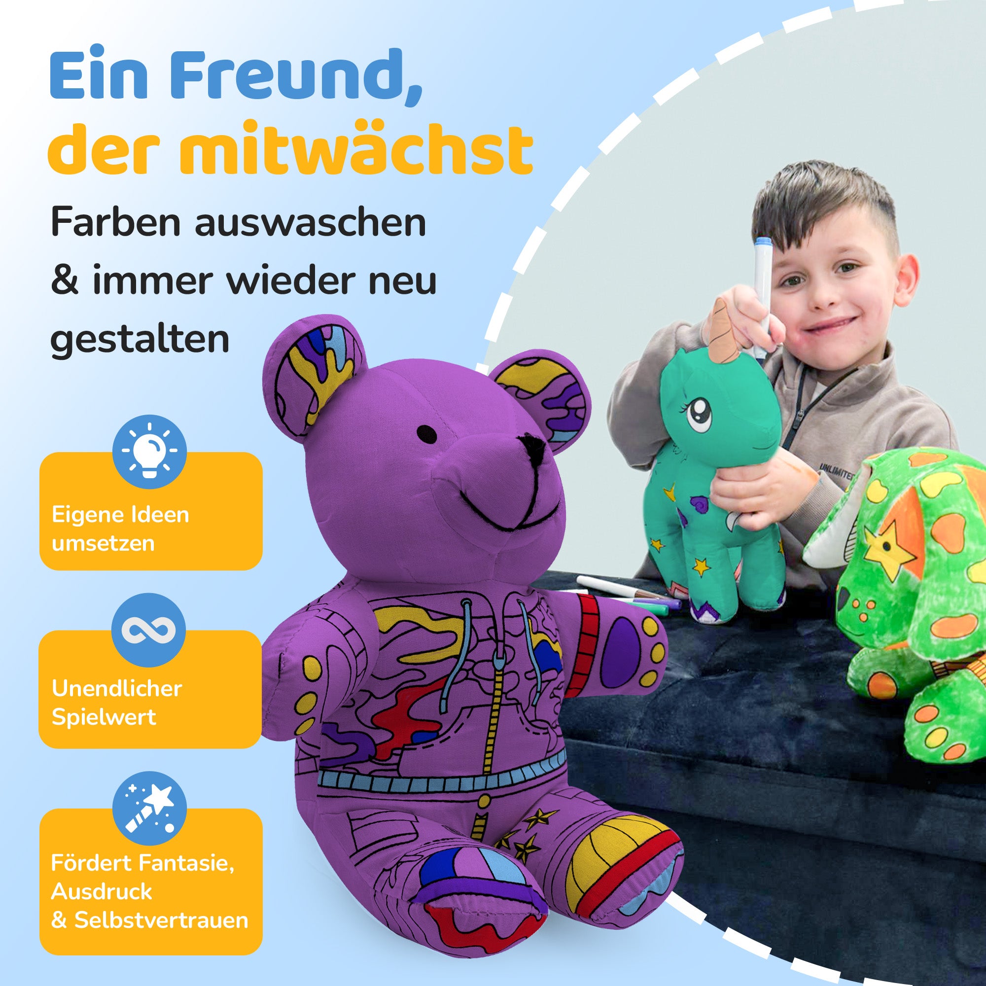 Kuscheltier zum anmalen inkl. 10 auswaschbaren Filzstifte – Kreatives Malspielzeug für Kinder