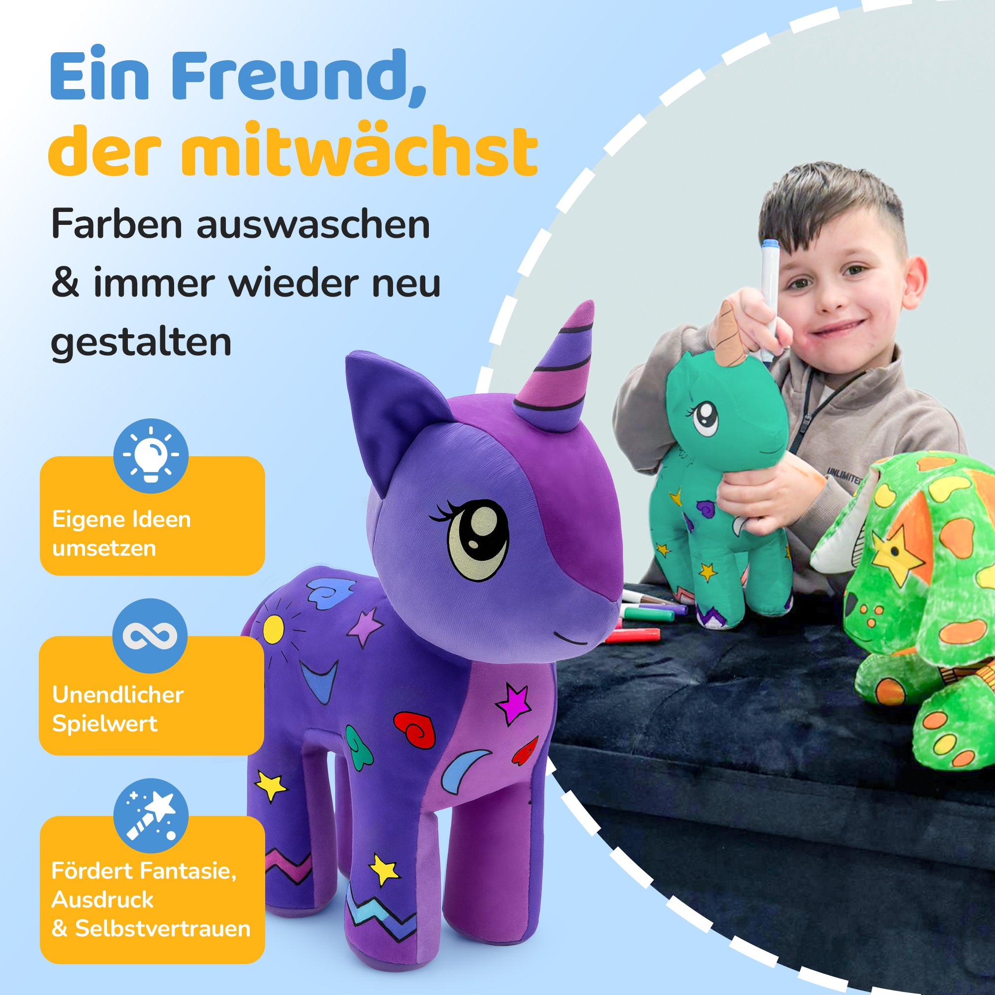 Kuscheltier zum anmalen inkl. 10 auswaschbaren Filzstifte – Kreatives Malspielzeug für Kinder