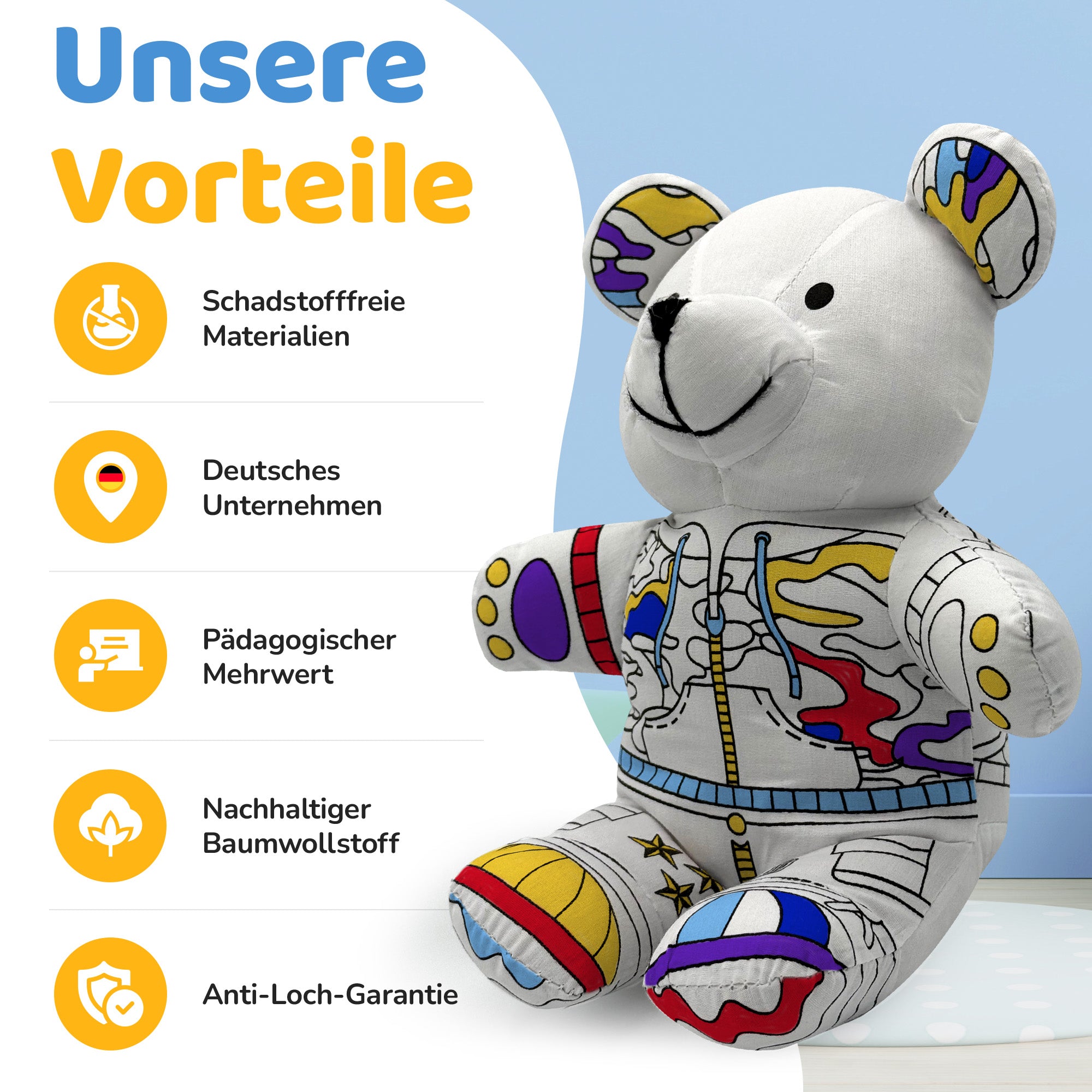 Kuscheltier zum anmalen inkl. 10 auswaschbaren Filzstifte – Kreatives Malspielzeug für Kinder