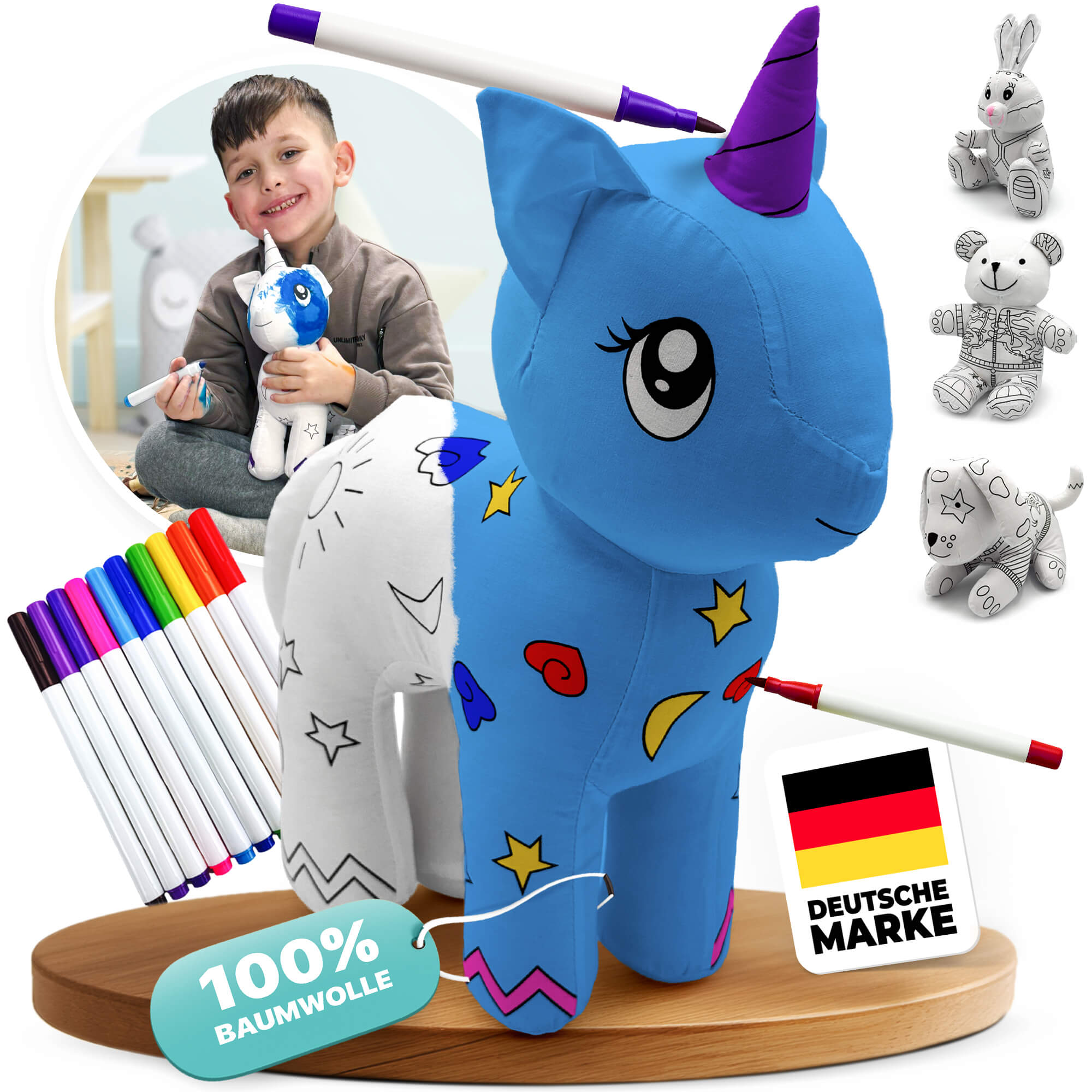 Kuscheltier zum anmalen inkl. 10 auswaschbaren Filzstifte – Kreatives Malspielzeug für Kinder