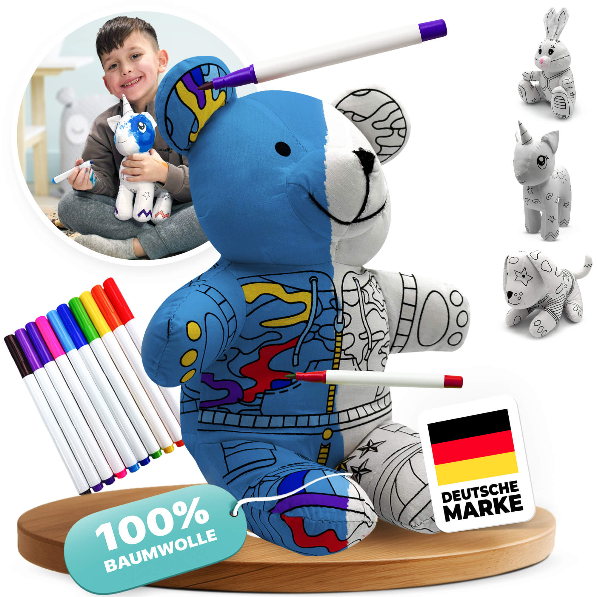 Kuscheltier zum anmalen inkl. 10 auswaschbaren Filzstifte – Kreatives Malspielzeug für Kinder